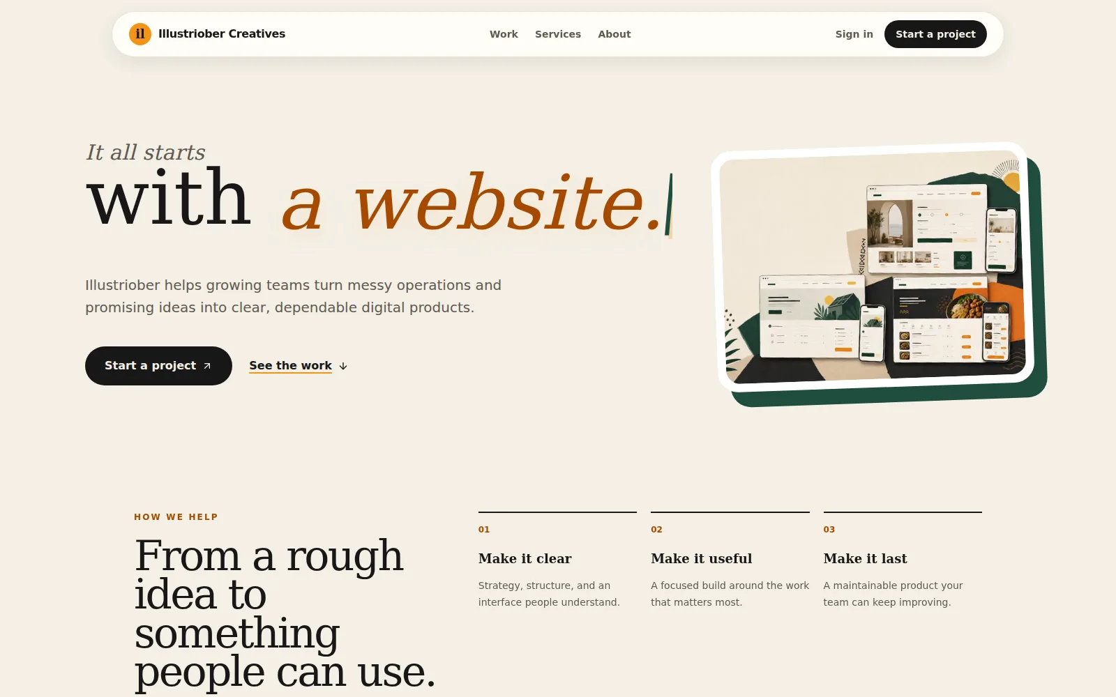 Home page of the Illustriober Creatives site with a serif headline, a short pitch and a collage of website mockups.