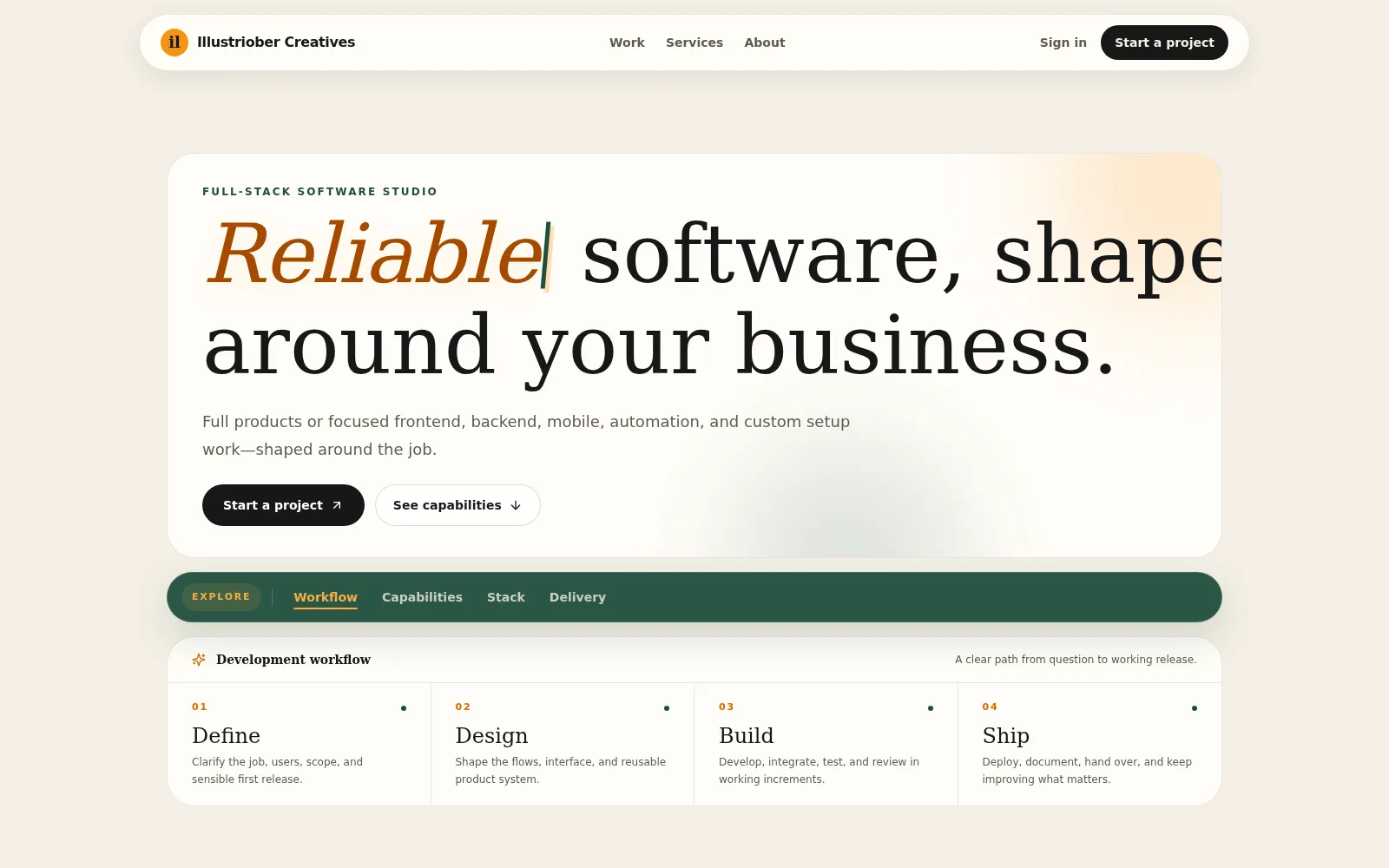 Services page showing the studio's four-step workflow of define, design, build and ship.